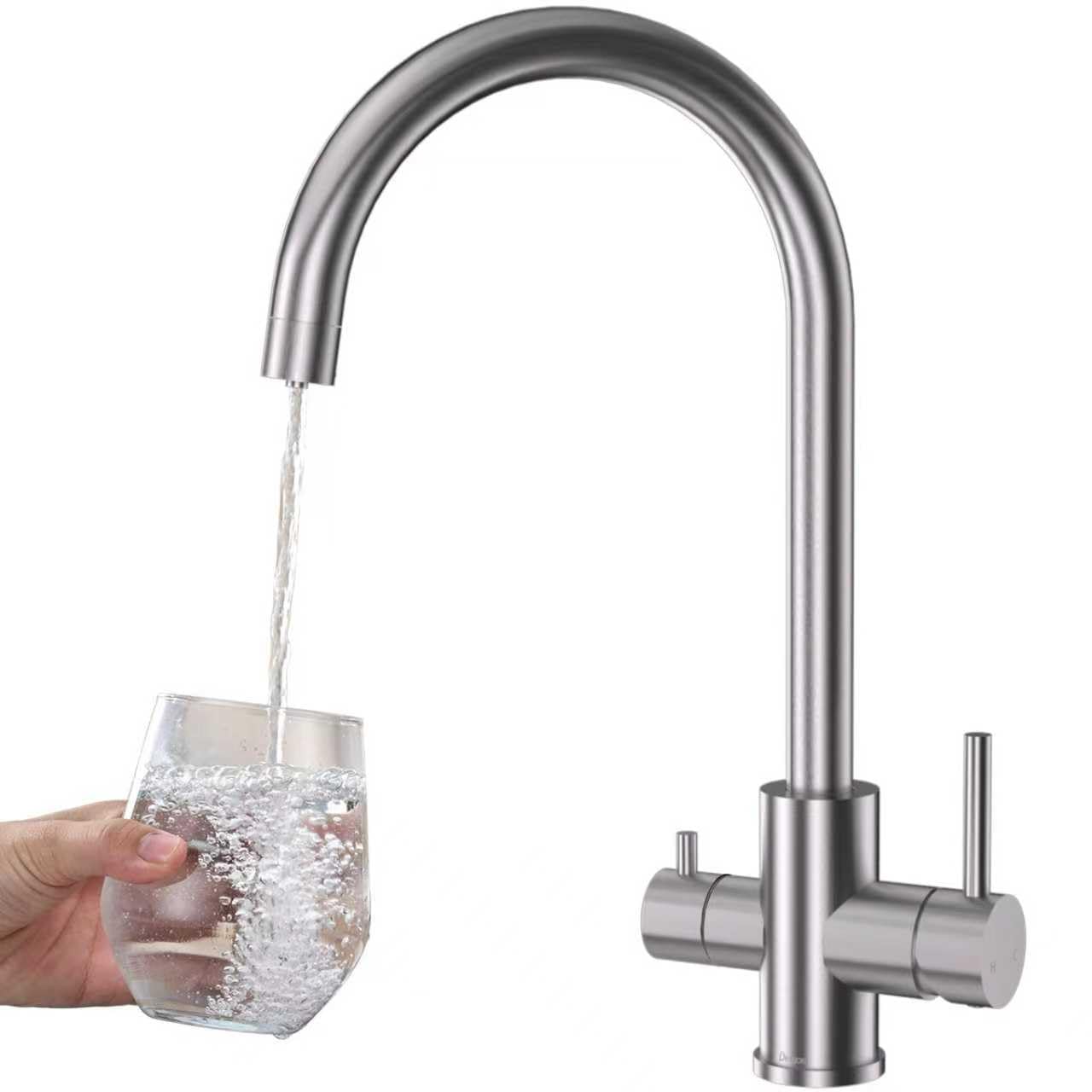 3-Wege-Küchenarmatur, DETBOM Wasserhahn für Küche mit Osmoseanlage, 360° drehbar, Doppelhebel, 3 in 1 Spültischarmatur für Wasserfilter, Edelstahl Gebürstet