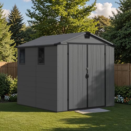 Image of Patiowell 6X8 FT Plastic Outdoor Storage Shed with Floor, Resin Garden Shed | Lockable Door, Built-In Window, Weather-Resistant Design, Easy Assembly, Ideal for Garden Tools, Bikes and Patio Equipment