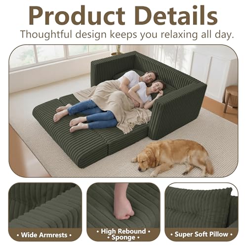 Image of HABUTWAY 41.3 inch Loveseat Boneless Couch, 4-in-1 Convertible Sofa Bed, Plush Fur Folding Futon Sofa Bed Couches with a Pillow for Living Room, High-Density Foam Support, No Assembly Required, Green