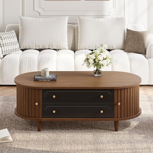 Yihomfy Table Basse Salon 100x50x36 cm avec 2 Tiroirs et Porte Coulissante, Rangement, Style Rétro Bois de Noyer et Noir, Couleur Chêne Foncé pour Salon et...