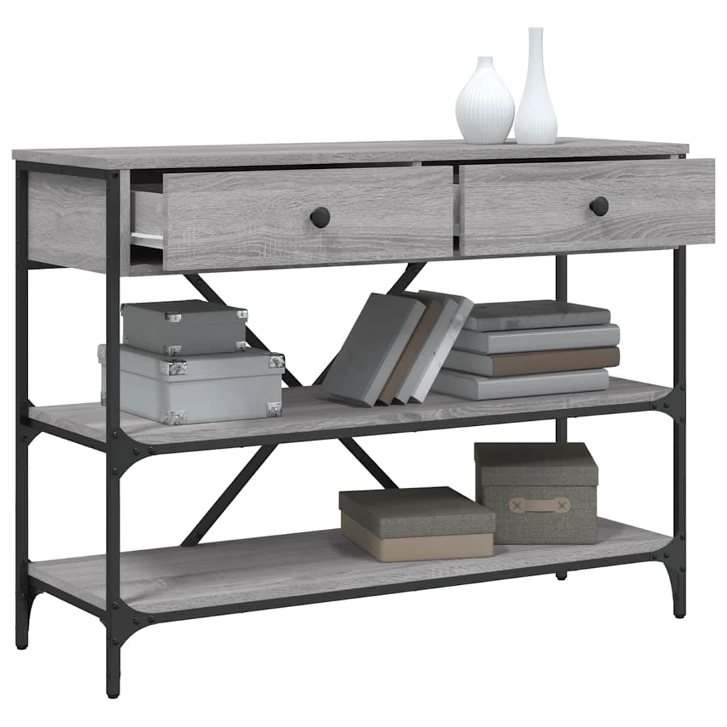 Mesa consola con 2 cajones y estantes, mesa de pasillo de madera y acero, mesa auxiliar clásica para salón y pasillo, gris Sonoma, 100 x 34,5 x 75 cm
