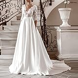 Brautkleid Standesamt Lang Weiß Langarm V Ausschnitt Rückenfrei A Linie Elegant Empire Taille Spitze Applikationen Große Größen Brautkleider Hochzeitskleider mit Schleppe White 46