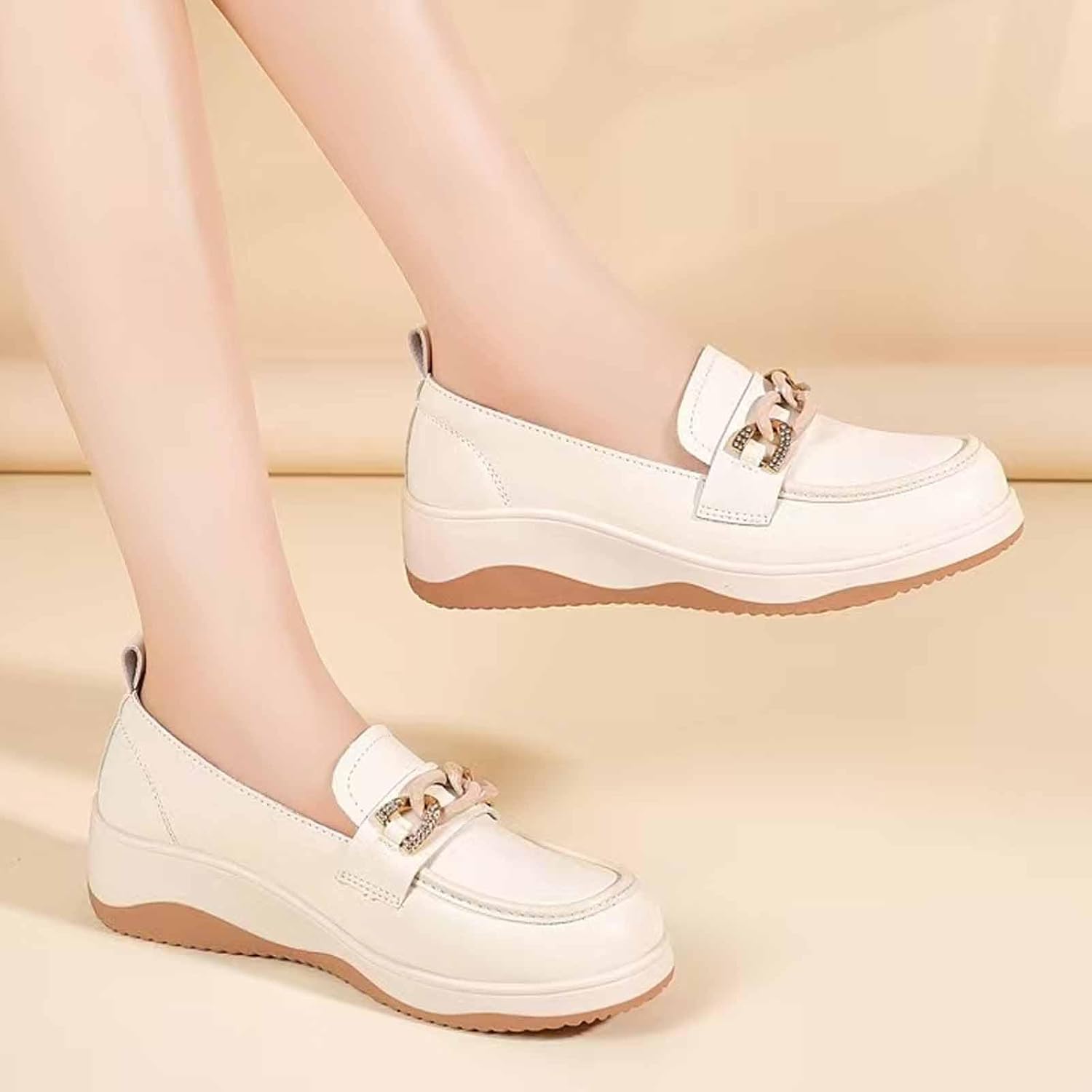 Women's Leather Shiny Metal Chain Platform Slip On Loafers Retro Round Toe Thick Sole Lightweight Casual Shoes Non Slip Comfort Walking Work Shoes for Daily Walking Office - Image 2