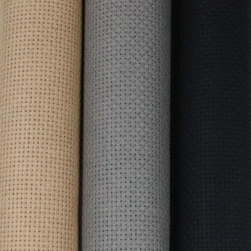 Image of KCS 3 pc of 15 inch x 18 inch(38cmx45cm) 16 Count Cross Stitch Cotton Aida Cloth Needlework Rolled Fabric Box,16CT,Khaki+Medium Grey+Black