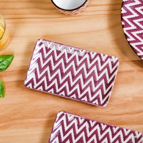 Image of Nestasia Set of 4 Ceramic Serving Platters (7 Inch Each) - Elegant Rectangular Serving Trays with Glossy Finish | Ideal for Sushi, Snacks, Starters & Gifting (Purple & White Zig Zag Pattern)