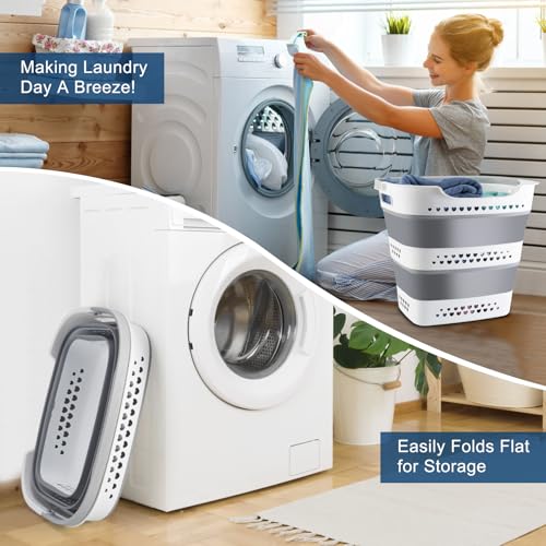 Collapsible Laundry Basket Foldable Pop-Up Laundry Hamper with Comfort Handles Portable Plastic Laundry Storage Basket Organizer Space Saving Dirty Clothes Hamper Container for Home, Dorm (Grey) - Image 3