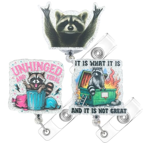 3PC Raccoon Badge Reels Funny Cartoon Wild Animal Quirky Sarcastic Trash Panda Dumpster Fire ID Name Retractable Clip Holder Nurse Accessories Office Supplies Gifts for Employees Teachers Coworkers