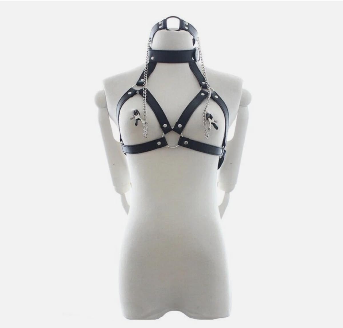 Cupless Bra and Gag Nipple Clamps Restraint Leather BDSM Lingerie