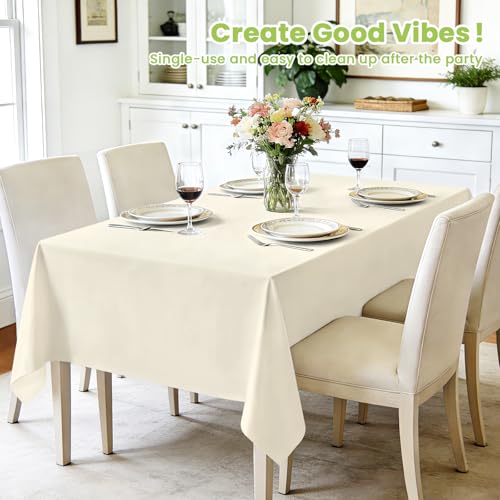 Image of Mulbozy Cream Plastic Table Cloth Disposable 4 Pack, 54 x 108 Inch Tablecloths Rectangle, Ivory Plastic Table Cover for Party Decor