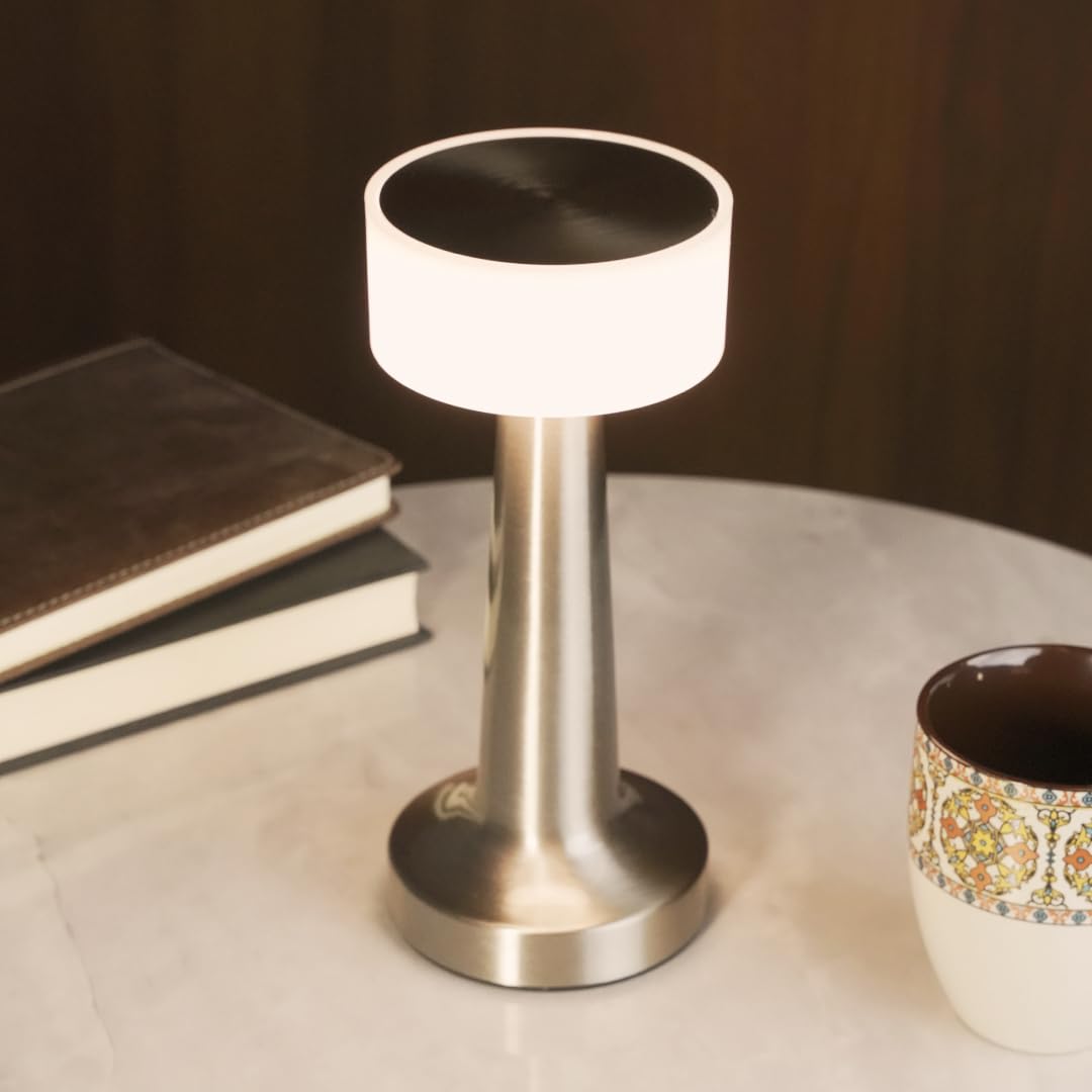 Chronos Firefly Cordless LED Table Lamp (Silver) - USB Rechargeable Portable Touch Control Dimmable 3 Light Color Tunable Table Lamp for Hotel, Cafe, Restaurant or Home for Bedside, Center or Dining-image-38