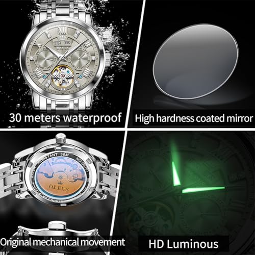 Image of OLEVS Automatic Watches for Men Self Winding Mechanical Skeleton Luxury Dress Stainless Steel Diamond Men Wrist Watches