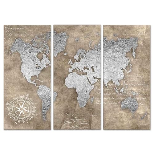 Lupia - Grande Quadro Moderno 3 Pezzi, Stampa su Tela Grande, Brown Silver Carta geografica per Soggiorno, Camera, Ufficio, Facile da Appendere, Telaio in Legno, World Brown Silver, 122x180 cm