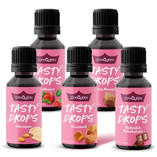 GymQueen Tasty Drops 5x30ml, Kalorienfreie, Zuckerfreie und Fettfreie Flavour Drops, Aroma Tropfen zum Süßen von Lebensmitteln, Geschmackstropfen ohne künstliche Farbstoffe