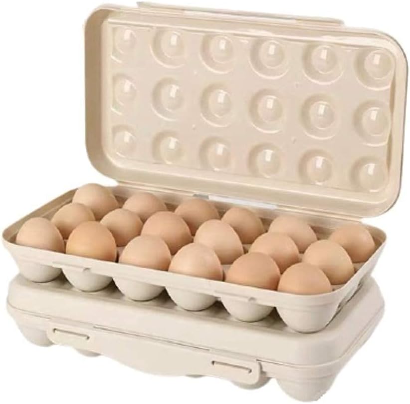 DOBARIYA EMPIRE 18 Grid Egg Holder for Kitchen Fridge/Freezer - Stackable Plastic Carrier Case, Double Layer Box for Home/Hotel Organization (Cream, Rectangular)
