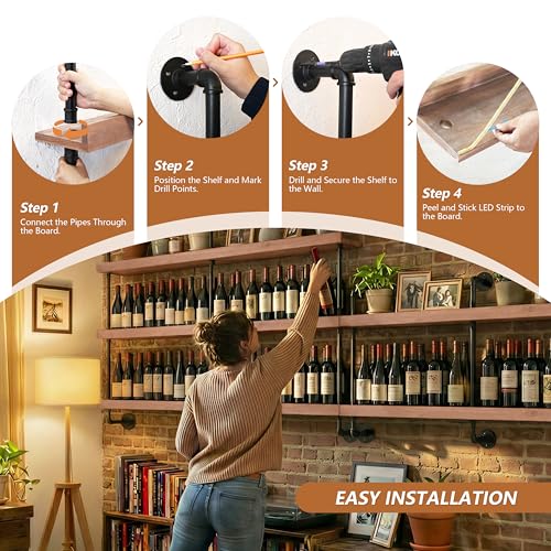 Image of Wall Mounted Wine Rack with LED Light, LED Industrial Pipe Wine Shelf, 2-Tier Hanging Bottle Rack, Bar Storage Shelf for Bottles (Weathered Brown, 60 inch)