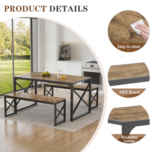 Image of VECELO 55 inch Kitchen Dining Table Set for 4, Heavy-Duty Steel Frame & Wood-Grain Tabletop, Space-Saving Dinette Sets with 2 Benches for Breakfast Nook and Small Space, Grey