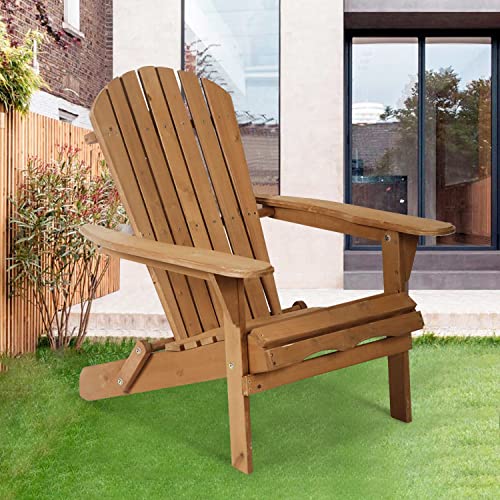Yiqiedey Folding Adirondack Chair Outdoor Patio Chairs Weather Resistant Lounger Chair Lawn Chair With Arms Wooden Accent Furniture For Patio Deck Garden Backyard Deck 1 Pieces Natural #TOP6