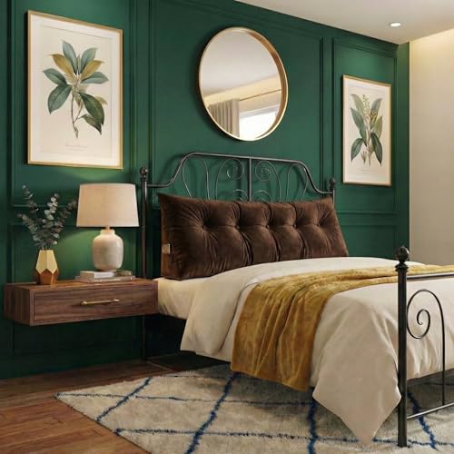 Image of Luxury Velvet Tufted Wedge Pillow with Side Pocket - Soft Headboard Back Support Cushion for Bed, Sofa & Floor Seating - Brown Color