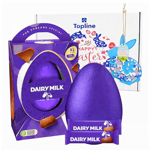 Easter Egg Chocolate Hamper for Easter Gifts - Large Dairy Milk Chocolate Egg with 2 Dairy Milk Bars 242g & Topline Hanging Decoration. Great Gift Box for Kids Egg Hunt