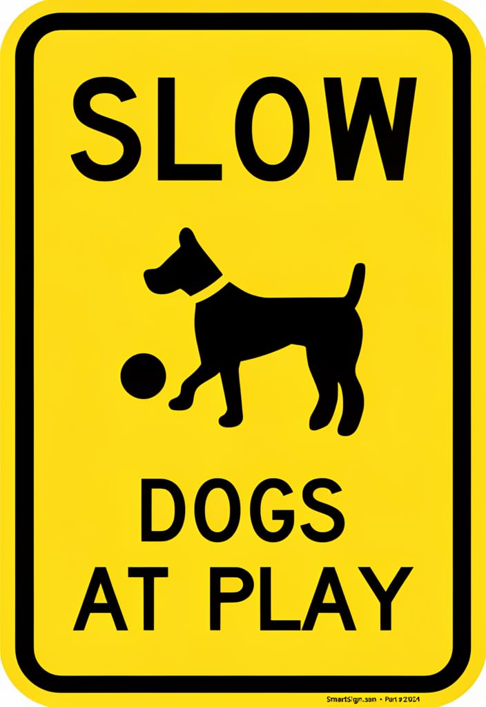 peiyeety Slow Dogs At Play Tin Sign 12x8 Inch, Yellow Metal Warning Sign with Dog Silhouette, Funny Pet Decor Wall Plaque for Yard, Fence, Gate, Porch, Home Decor, Dog Lover Gift