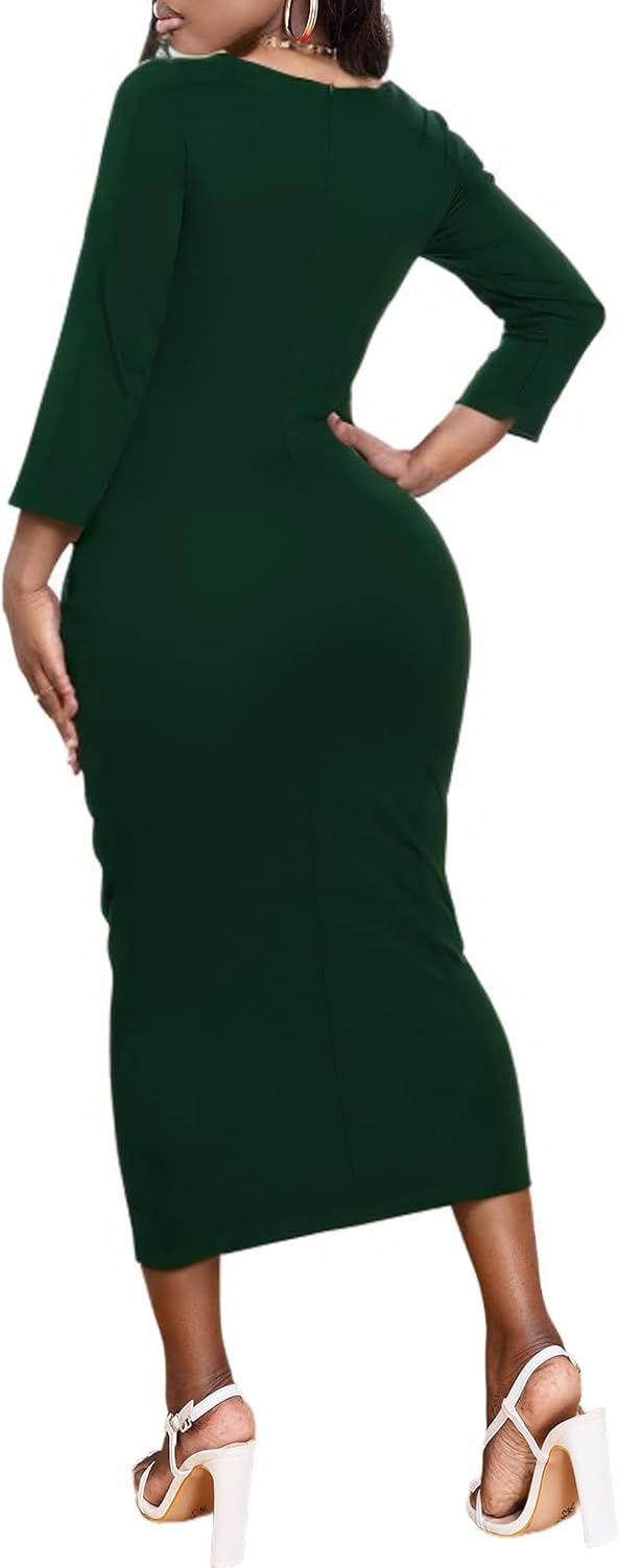Women's Sexy 3/4 Sleeve Midi Dress Ruched Bodycon Solid Evening Party Vintage Church Dresses - Image 5