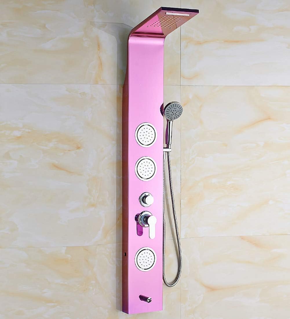 Waterfall Shower Panel Tower Mirror Treatment Bathroom rain Shower Panel rain with Body Massage System Faucet with Jets Stainless Steel Hand Shower Column Set Pink Shower