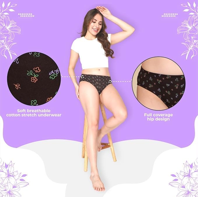 51EDckUb3cL nuovva Women Cotton Underwear Combo Pack of 6, 100% Soft Cotton Hipster Panties, Breathable Floral Printed Ladies Innerwear, Multicolor Briefs