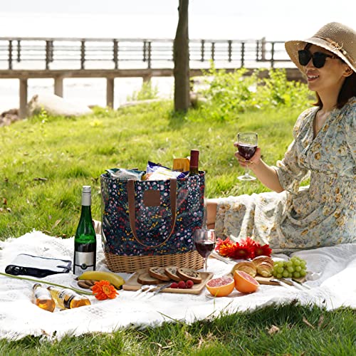 Willow Weave Portable Picnic Basket Set With Service For 2, Sturdy Woven Base & Canvas Picnic Beach Tote Bag With Drawstring Closure & Insulated Lining, For Outdoor Events, Shopping - Blue Floral #TOP1