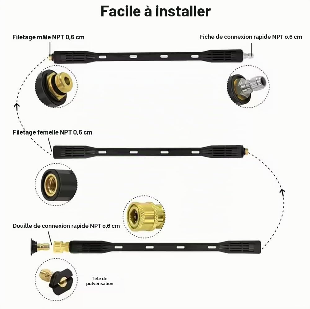NEWFUN Rallonge de Nettoyeur Haute Pression Avec 6 Embouts de Buse de Pulvérisation, Lance de pulvérisation 4000 PSI avec Raccord Rapide 1/4 pouce, Embout pour Nettoyage de Gouttières, Tige Courbée