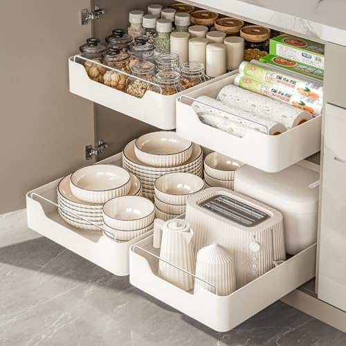weykings Pull Out Cabinet Organizer with Fixed Nano Tabs, No-Punch Installation for Kitchen Shelf Under Sink Drawer Racks, Bathroom Sliding Cabinets and Other Home Storage, 20.8' D