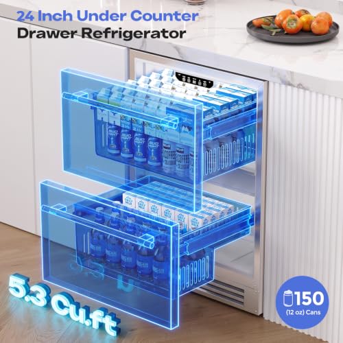 Image of Coolake 24″ Outdoor Drawer Refrigerator for Patio, 5.3 Cu.ft Under Counter Drawer Beverage Cooler, Stainless Steel Built-in or Freestanding Beverage Fridge for Backyard Kitchen Home Bar