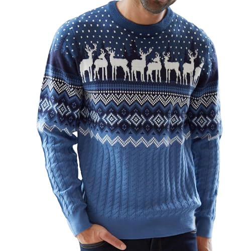 NOROZE Men's Christmas Gazing Buck Reindeer Fairisle Cable Knit Crew Neck Xmas Jumper Blue