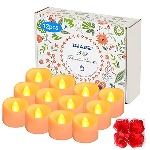 IMAGE Temporizador LED, 12 velas de t elctricas con 100 ptalos de rosas artificiales decorativos, 6 y 18 horas apagadas, incluye pilas CR2032, color amarillo clido