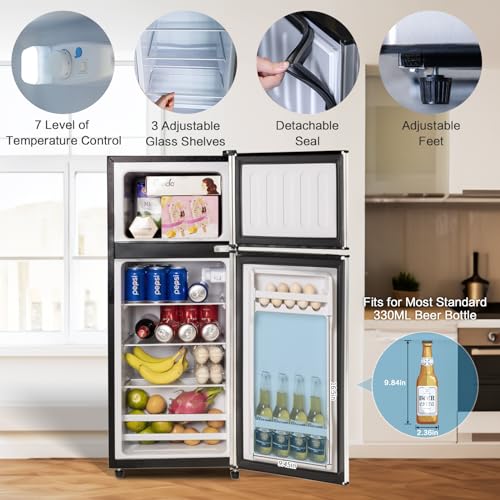 Anukis 3.8 Cu Ft Refrigerator Double Door Fridge with Top Freezer for Bedroom,Apartments, Dorms, Offices, Basements, Garages silver