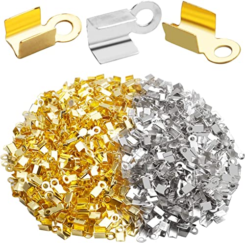 Image of Fold Over Crimp Cord Ends for Jewellery Making, Cord End Caps for DIY Necklace and Bracelet Making Gold and Silver 4 x 8 mm 100 Pieces (50 Gold + 50 Silver)