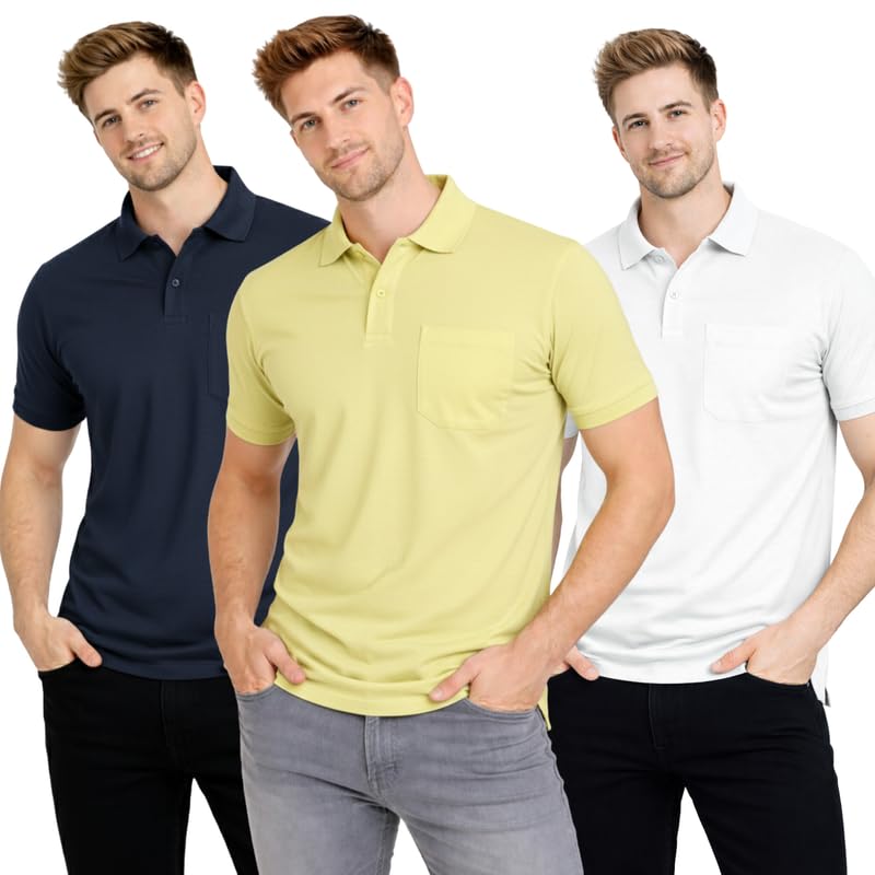 Image of SMAN Polo Neck T-Shirt Pack of 3 for Men & Boys | Half Sleeve Collar Tee with Pocket | Premium Spun Matty Fabric | Casual & Office Wear | Sizes M to 2XL | FX PO3 MCR LMN WHT