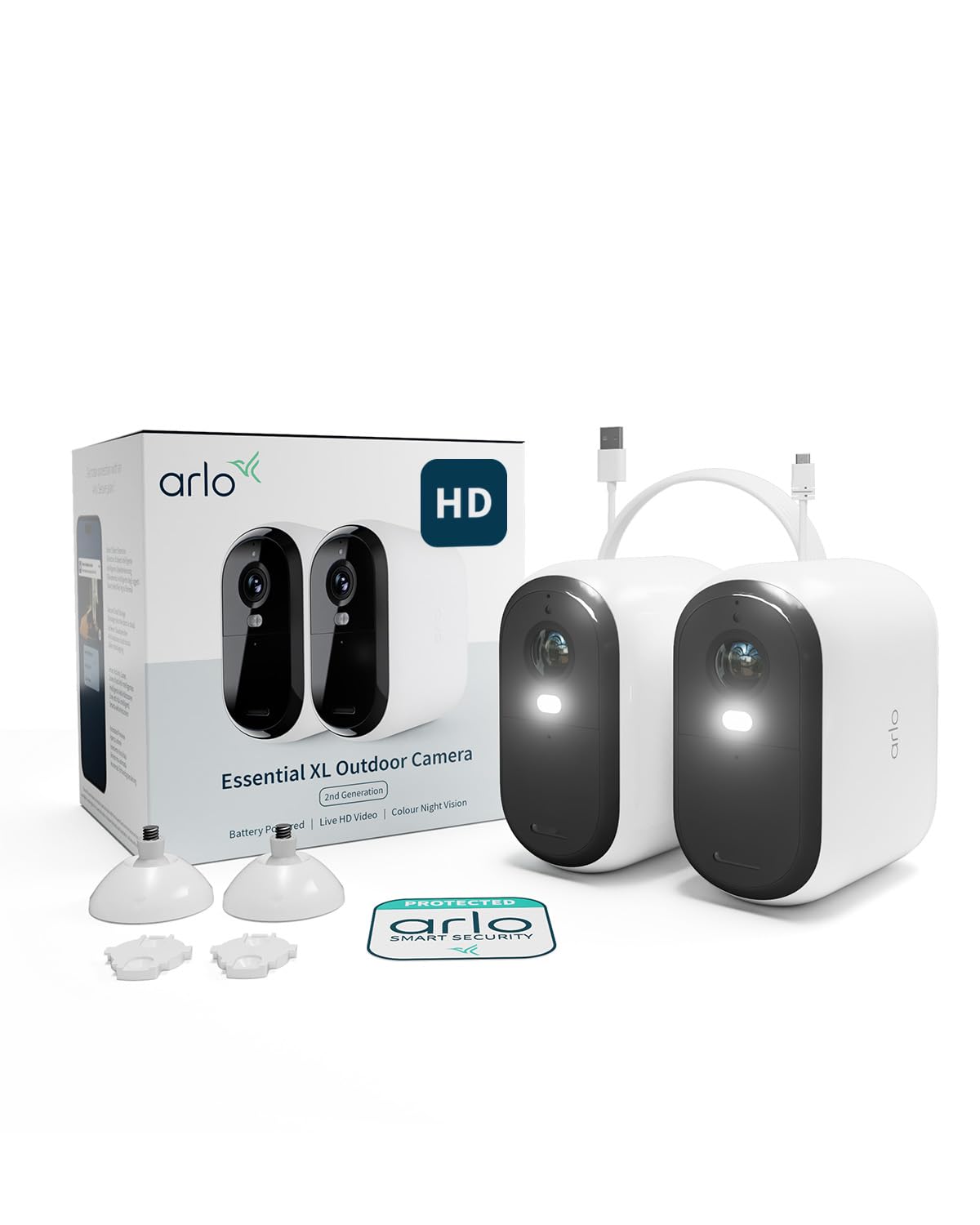 Arlo Essential 3 HD Cámara WiFi Exterior Con Batería De 6 Meses, Visión Nocturna En Color, Foco Y Sirena, Audio Bidireccional, 2 Unidades Blancas