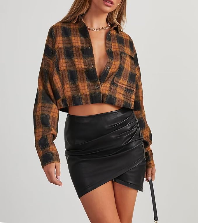 Lacozy Cropped Flannel Shirt for Women Button Down Plaid Cropped Shirt Casual Long Sleeve Crop Blouses Spring Fashion - Image 2