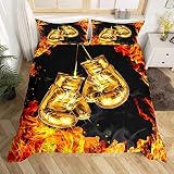 Bettwäsche 200x200 Boxhandschuhe Bettwäsche-Sets Goldene Flamme 3D Druck Bettbezug Sportthema Weiche Mikrofaser 3 Teilig Bettbezüge mit Reißverschluss und 2 Kissenbezug 80x80cm
