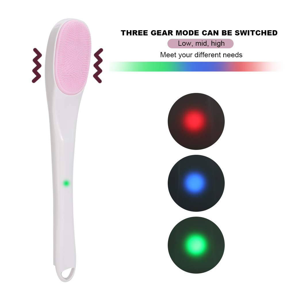 per spazzola per la pulizia del viso in silicone, modalità a tre marce, massaggio vibrante, manico lungo, design impermeabile, pulizia profonda, cura della pelle, uso