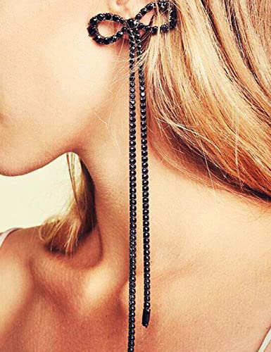 Jumwrit Rhinestone Bow Earrings Extra Long Dangle Earrings Sparkly Tassel Drop Earrings Big Bowknot Stud Earrings For Women Teen Girls (Black) #TOP29