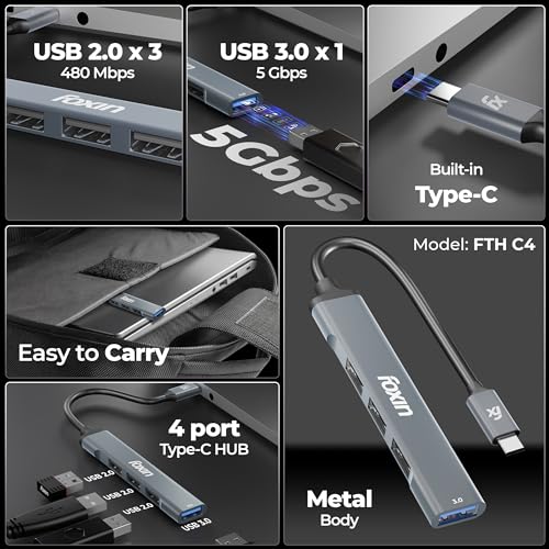 Image of Foxin 4-in-1 USB-C Hub | Type C Hub to USB 3.0 + 3 USB 2.0 Ports, Upto 5 Gbps High Speed Data Transfer | Slim Aluminium Portable C-Type Hub for Laptop, MacBook, Tablets & Mobiles | 15cm Cable - FTH C4