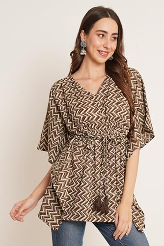 Image of COTLAND Fashions Jaipuri Cotton Kimono Sleeves Printed Longline Kaftan Top for Women