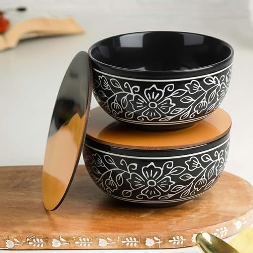 Image of The Earth Store Black Artvine Snack Bowl with Coasters /Lid Set for Kitchen | Dishwasher & Microwave Safe Serving Bowl for Snacks, Rice, Dal, Fruits, Salad | 500ML Set of 2