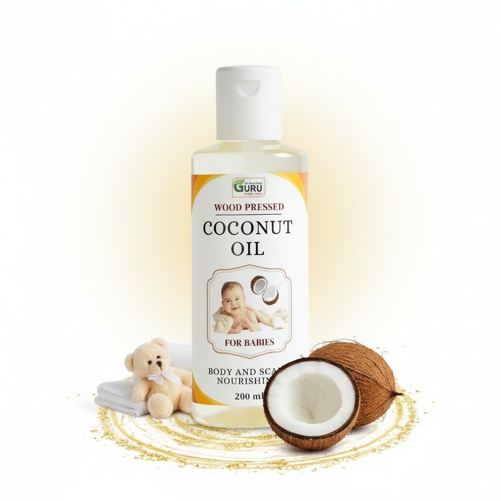 GURU 100% Pure Baby Coconut Oil | Wood Pressed | For All Types of Baby Hair & Skin | Edible Grade | Derma safe | Newborn & infant friendly | 200 ml