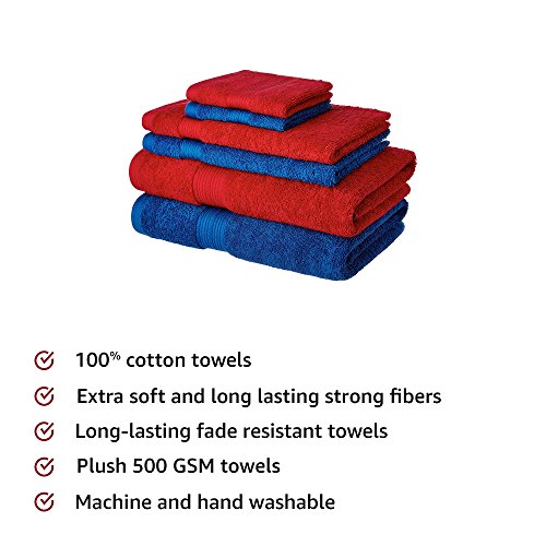 Image of Amazon Brand - Solimo 100% Cotton 6 Piece Towel Set, 500 GSM (Iris Blue and Spanish Red) 100% Cotton 4 Piece Hand Towel Set, 500 GSM (Turquoise Blue and Baby Pink)