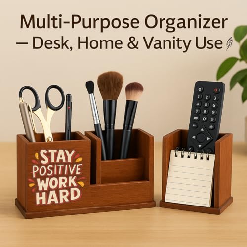 Image of Handcrafted Wooden Pen Holder & Mobile Stand | Premium Desk Organizer for Office, Home & Study Table | Pen Pencil Stand with Card Holder | 6.75 x 3.75 x 2.5 Inch (Stay Positive Desk)