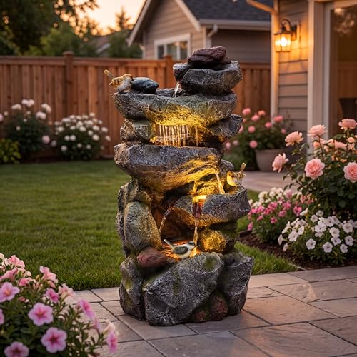 Ultym 31.5" Multi-Tier Rock Outdoor Water Fountain with LED Lights, Cascading Waterfall with Birds for Garden Patio Porch, Weather-Resistant Resin Water Feature for Tranquil Oasis