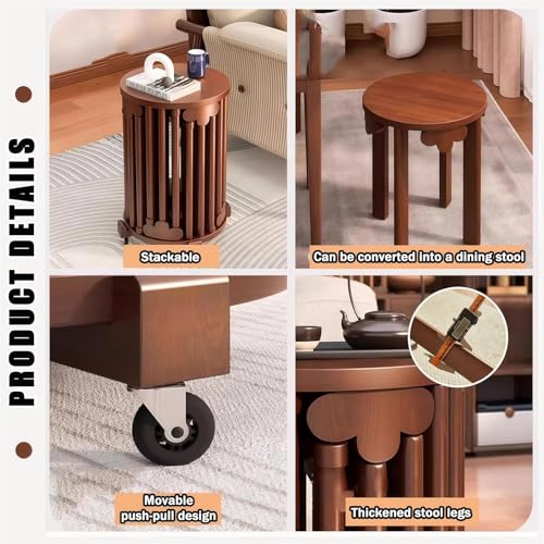 Juego de 6 taburetes apilables redondos de madera con ruedas, mesa auxiliar versátil para sala de estar, cocina, dormitorio, balcón - imagen 5