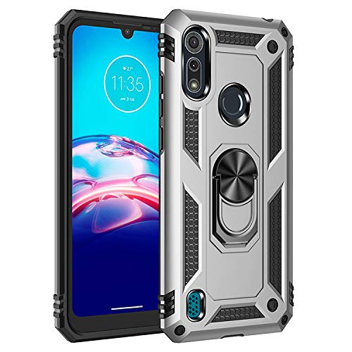 BestST Funda para Motorola Moto E6i/Moto E6s 2020,+ HD Protector de Pantalla,Elegante Armadura híbrida Robusta Carcasa de Doble Capa de Alta Resistencia Caso con Anillo Grip,Plata